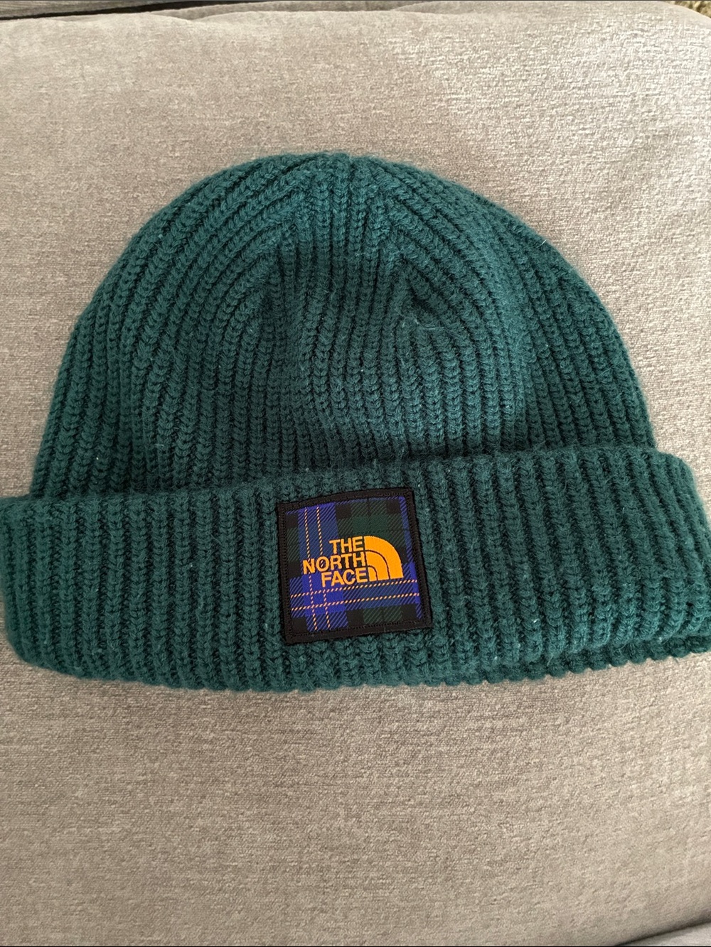 The North Face Teal Ribbed Fold-Over Beanie with Logo Patch